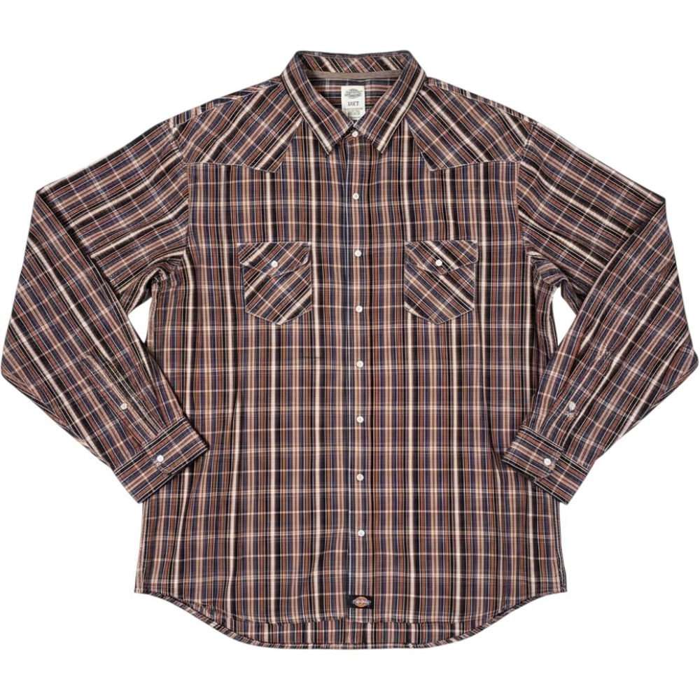 Dickies Mens 3XT Brown Plaid Long Sleeve Pearl Snap Western Work Shirt